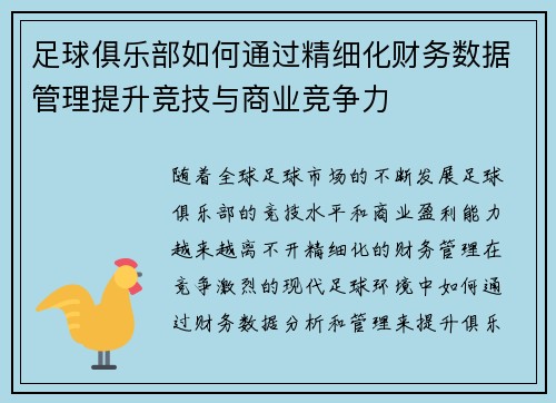 足球俱乐部如何通过精细化财务数据管理提升竞技与商业竞争力 足球俱乐部如何通过精细化财务数据管理提升竞技与商业竞争力